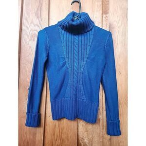 Moda International Cable Knit Turtleneck Fisherman Sweater, XS, Blue